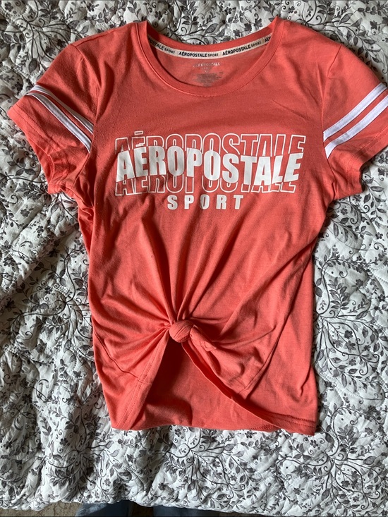 Aeropostale Tops - Aeropostale Coral Pink Front-Knot Sport Tee with White Stripe Sleeves
